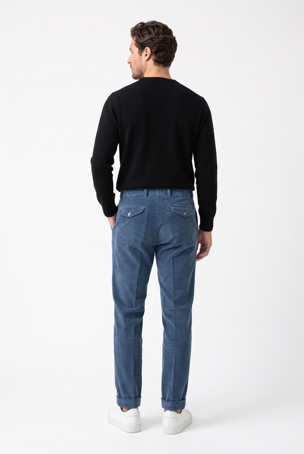 Pantalone con pattine Comfort fit in velluto a righe color blu chiaro - immagine 2