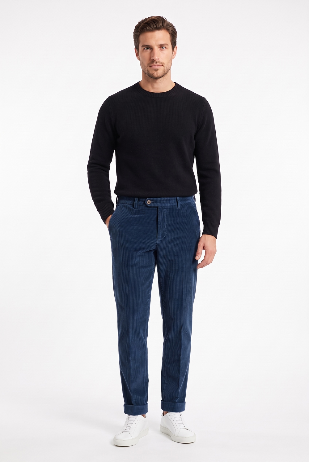 Pantalone con pattine Comfort fit in velluto a righe color blu scuro