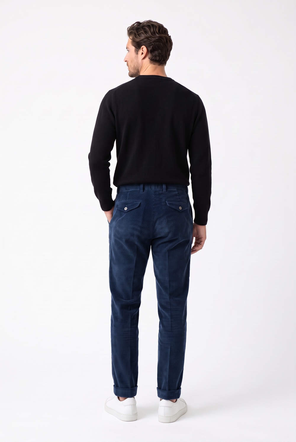 Pantalone con pattine Comfort fit in velluto a righe color blu scuro - immagine 2