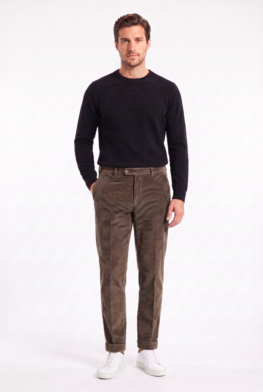 Pantalone con pattine Comfort fit in velluto a righe color tegola