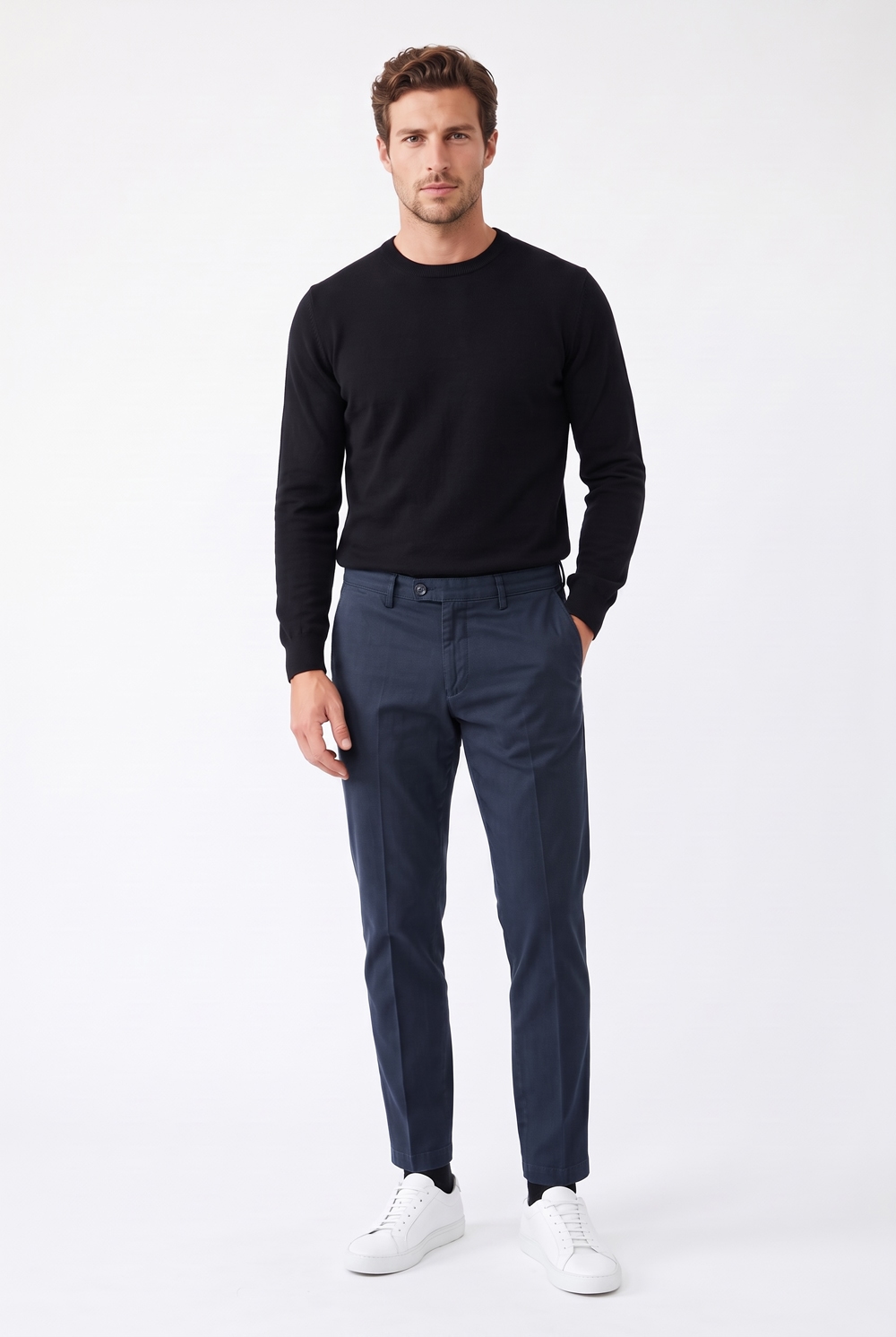 Pantalone in cotone tinto filo Regular fit color blu scuro