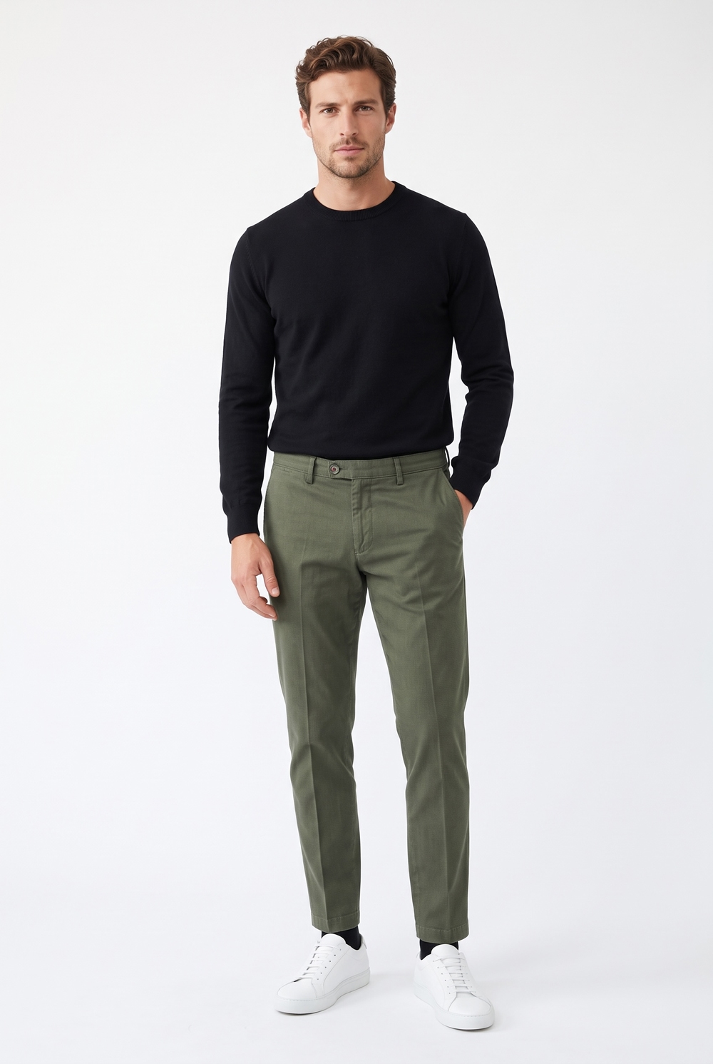 Pantalone in cotone tinto filo Regular fit color verde militare