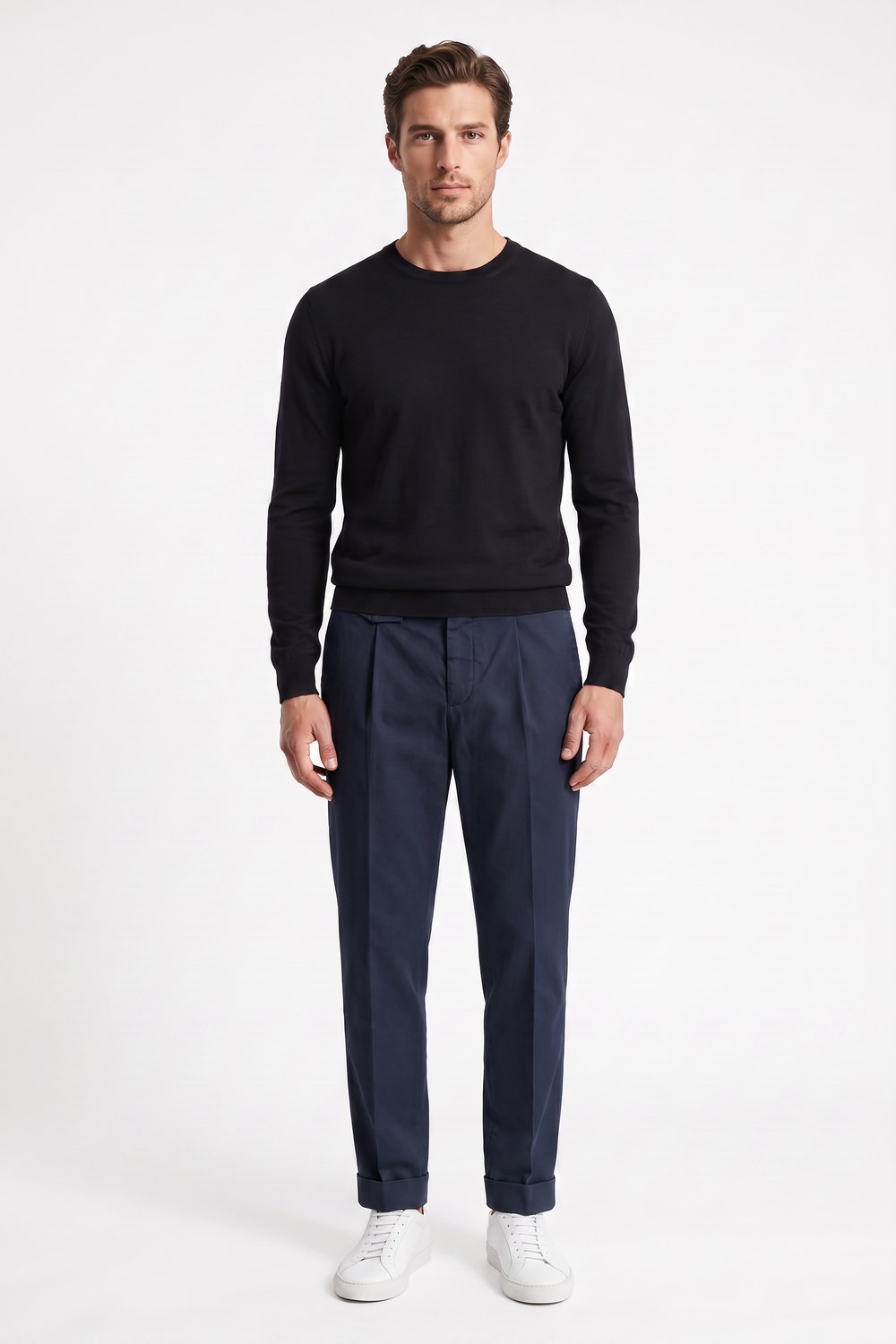 PANTALONE TASCA AMERICA CON PINCES IN COTONE RASATELLO COLOR BLU SCURO