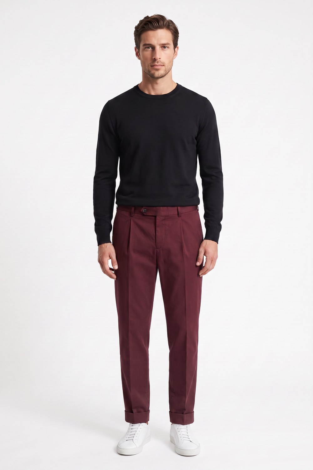 PANTALONE TASCA AMERICA CON PINCES IN COTONE RASATELLO COLOR BORDEAUX