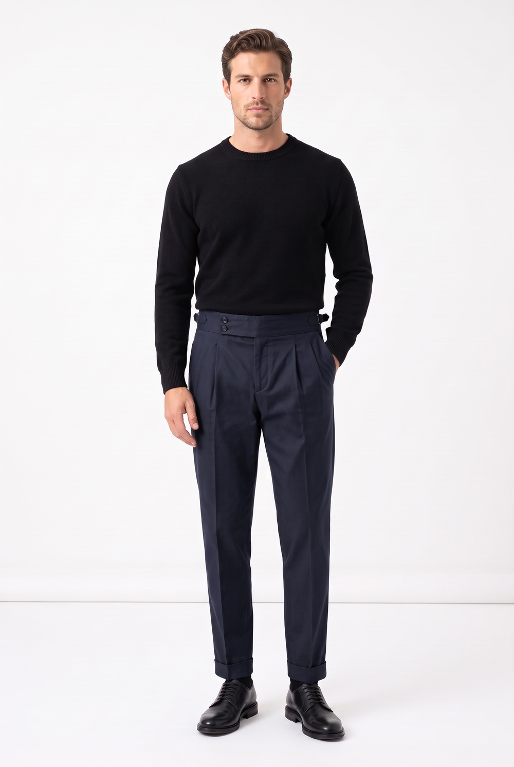 Pantalone con fibbie in cotone twill Regular fit color blu scuro