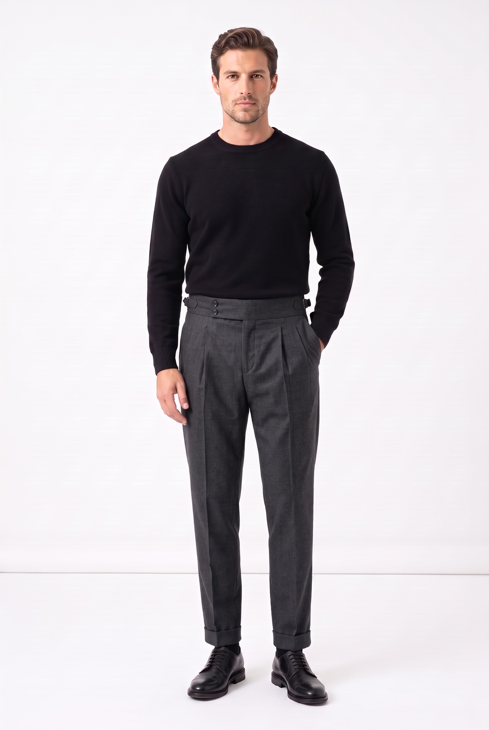 Pantalone con fibbie in cotone twill Regular fit color grigio medio